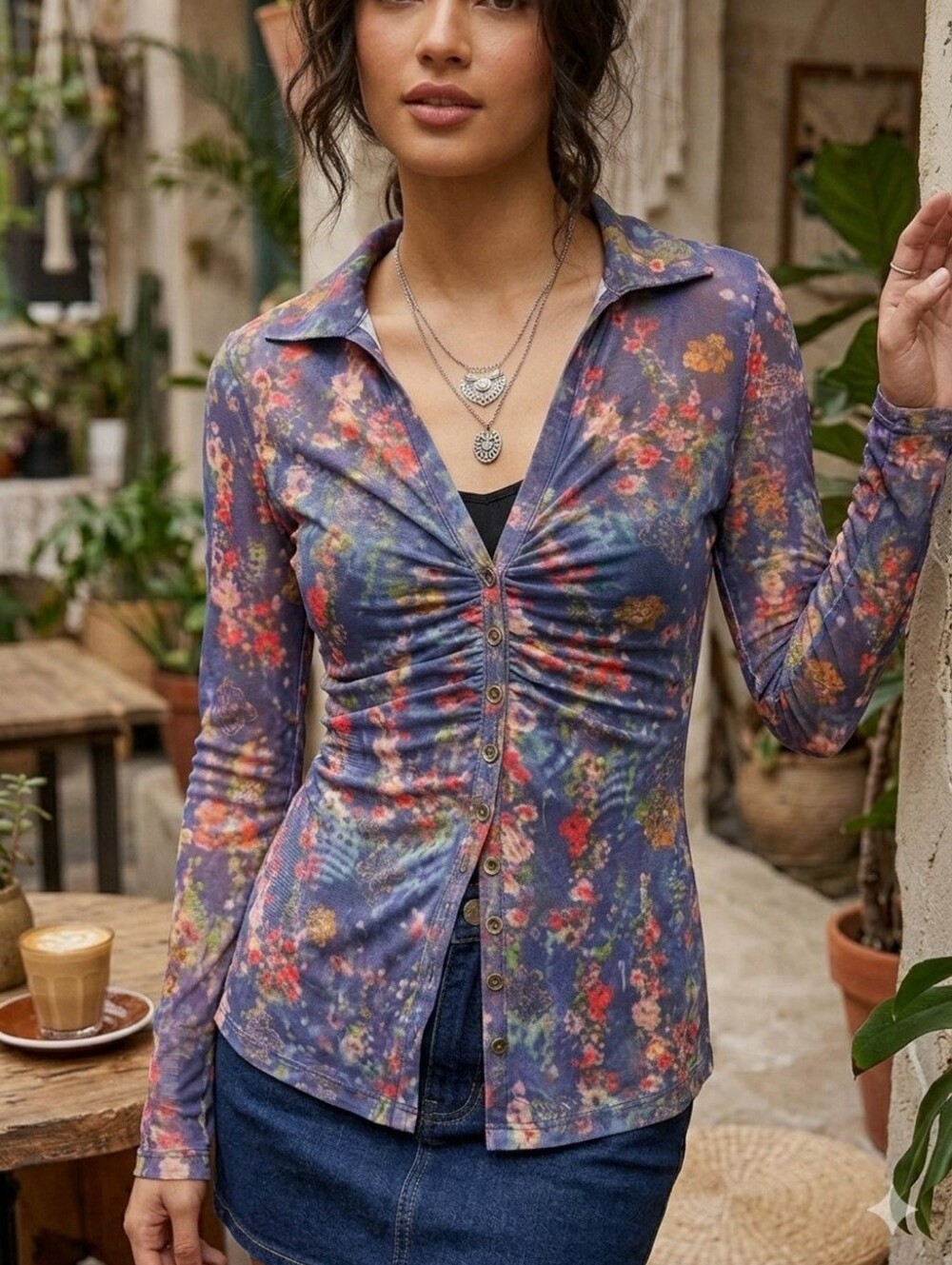 NATURAL LIFE Carina Long Sleeve Mesh Shirt Floral Size Medium